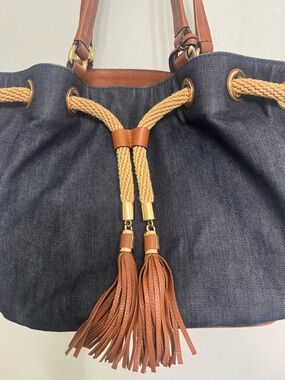 Michael Kors Navy Denim Shoulder Bag with Tan Leather Trim and Tassels